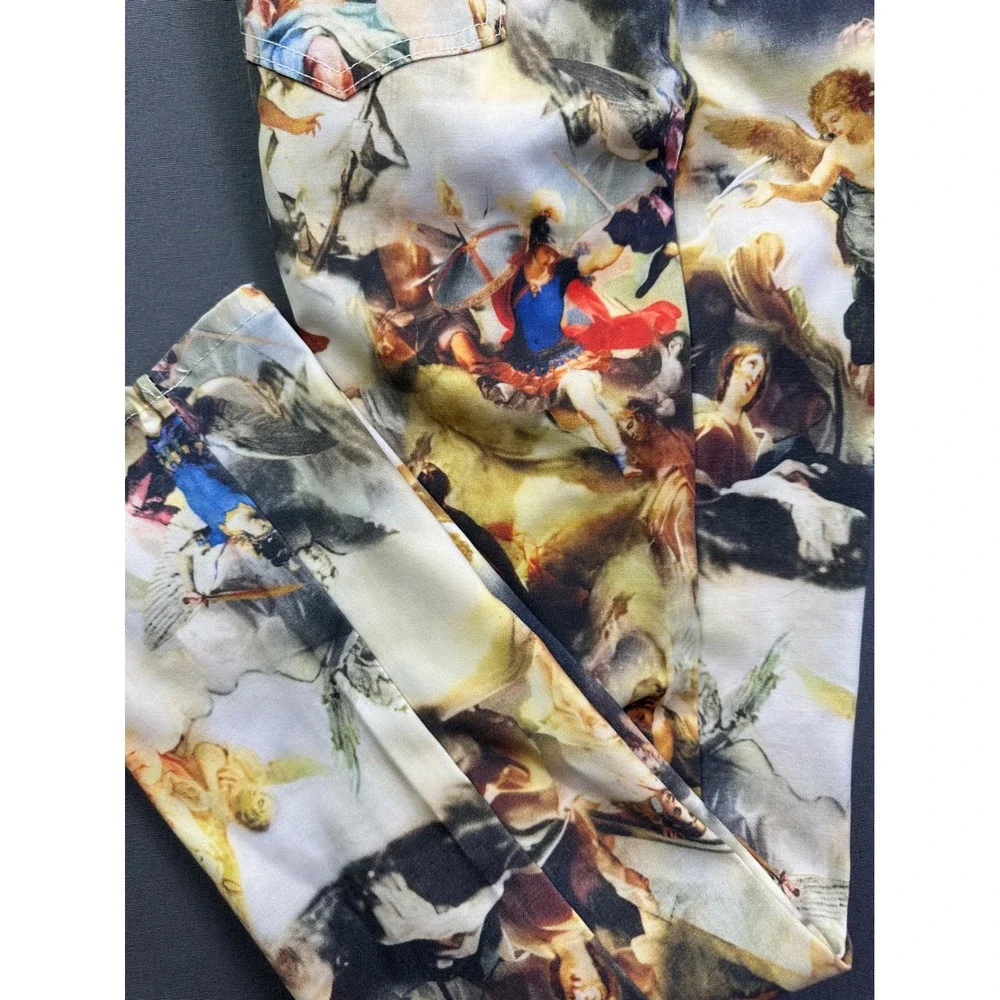 Renaissance Oil Painting Print Slim Fit Pants Angels Cherubs Multi Color 36x30